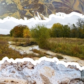 <span class=heading><b>Transforming industrial wastelands</b> by Marta Kalabov</span><br />Degrading industrial waste releases abundant, potentially toxic elements into surface waters (top). Our research explores tufa (a freshwater limestone, bottom) as an aid in cleaning dirty water in derelict industrial landscapes (center) - specifically, the simple yet versatile chemical reactions which lead to the formation of new minerals capable of consuming the contaminants. Such processes offer a nature-based, long-term and cost-effective restoration method for sites such as former steelworks and mining districts.<br /><span class=small>Image: © 2021 Marta Kalabov</span>