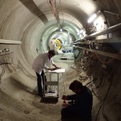<span class=heading><b>But the rocks remain - below ground</b> by Richard Lord (Civil & Environmental Engineering)</span><br />In a tunnel bored out of solid granite in the Grimsel Test Site below we can detect minute changes in groundwater chemistry as the water is drained from the reservoir above.  Have we found a way to study the effects of glacial erosion on the long-term integrity of nuclear-waste repositories?<br /><span class=small>Image: © 2016 Richard Lord</span>.  <span class=small>Collaborators: R Lunn, Z Shipton, S Pytharouli</span>
