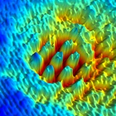 <div><div style="float:left;padding-left:5px;width:70%"><span class=heading><b>Self-organization of cold atoms</b> by Pedro Monteiro Gomes (Physics)</span><br /> 
Light can interact with atoms. In some cases random fluctuations in the interaction are amplified to create beautiful structures that resemble others more familiar such as the honeycombs that bees create. This image shows an example of these self-organizing phenomena that can be manipulated in an atomic physics laboratory to help understand how simple natural random processes can lead to complex structures.<br /><span class=small>Image: © 2014 Pedro Monteiro Gomes</span>.  <span class=small>Collaborators: Guillaume Labeyrie,Thorsten Ackemann,  Aidan Arnold, Robin Kaiser, Enrico Tesio, Gordon Robb, Gian-Luca Oppo, William Firth</span></div><div style="float:right;padding-right:5px;"><iframe width="100%" height="166" scrolling="no" frameborder="no" src="https://w.soundcloud.com/player/?url=https%3A//api.soundcloud.com/tracks/162669527&color=ff5500&auto_play=false&hide_related=false&show_artwork=true"></iframe></div></div>