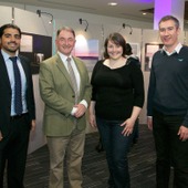 <span class=heading><b>Images of Research</b> by Guy Hinks</span><br /><p class=int>Professor Sir Jim McDonald standing with 3 winners of their categories, Mohammad Salamati, Kirsty Ross and Damien Frame.</p><span class=small>Image: © 2025 Guy Hinks 2015</span>