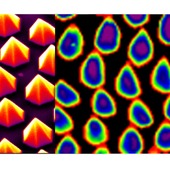 <span class=heading><b>InGaN/GaN Nano-pyramids  Promising Building Blocks of Future Solid State Lighting</b> by Krishnan Jagadamma Lethy (Physics)</span><br /><p class=int>Solid state lighting- direct conversion of electricity to visible white light using semiconductor materials- has the potential to replace today’s inefficient incandescent and CFLs lighting systems. Though SSL has ~55 % conversion efficiency compared to 5-25 % of the latter, it is not yet fully matured to rein the general lighting applications. However, each incremental improvement in efficiency opens door to replace less efficient light sources. According to reports, an improvement in luminous efficiency by 1% can save 2 billion dollars per year and avoid mega tonnes of CO2 exhaust to environment. InGaN QWs on nano-patterned GaN nanopyramids are characterised by increased light emitting efficiency, light emitting area, light extraction efficiency, ability to white light generation and improved, all that contributing towards high luminous efficiency. Figure 1 shows the light emission from an array of InGaN/GaN nanopyramids acquired using cathodoluminescence hyperspectral imaging. These blue light emitting nanopyramids are promising for white light SSL applications.</p><span class=small>Image: © 2012 Krishnan Jagadamma Lethy</span>