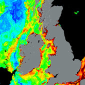 <span class=heading><b>Oceans in Bloom</b> by Catherine Mitchell (Physics)</span><br />The Earth’s oceans play an important role in the global carbon cycle. Phytoplankton in the ocean converts as much carbon as all of the plants on the land, and strongly influence levels of carbon dioxide present in the atmosphere. As phytoplankton change the colour of the ocean, their concentration can be measured using cameras on satellites. This image taken from the MODIS Aqua sensor (NASA) and processed at the University of Strathclyde shows phytoplankton blooms off the west coast of the British Isles, with yellow and red indicating increasingly high concentrations. Monitoring phytoplankton bloom dynamics provides insight into the role of the ocean ecosystem in the Earth’s climate. <br /><span class=small>Image: © 2013 Catherine Mitchell</span>.  <span class=small>Research by Catherine Mitchell from Physics in collaboration with Dr David McKee, Physics Department</span>