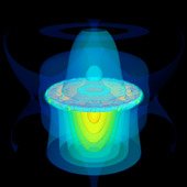 <span class=heading><b>Illuminating a gold nano-disc</b> by Duncan McArthur (Physics)</span><br />The interaction of light with matter is one of the most fundamental exchanges in the universe. As technology advances and the structures that we create become smaller and smaller, the nature of this interaction changes. The scattering process (how light is reflected, absorbed and re-emitted) becomes difficult to describe when an object is smaller than the wavelength of the light illuminating it, and any shape more complex than a simple sphere. At the core of my research is a theory which describes this interaction and allows us to understand this process and so thus better develop future technologies. <br /><span class=small>Image: © 2013 Duncan McArthur</span>.  <span class=small>Research by Duncan McArthur from Physics in collaboration with Francesco Papoff and Benjamin Hourahine</span>